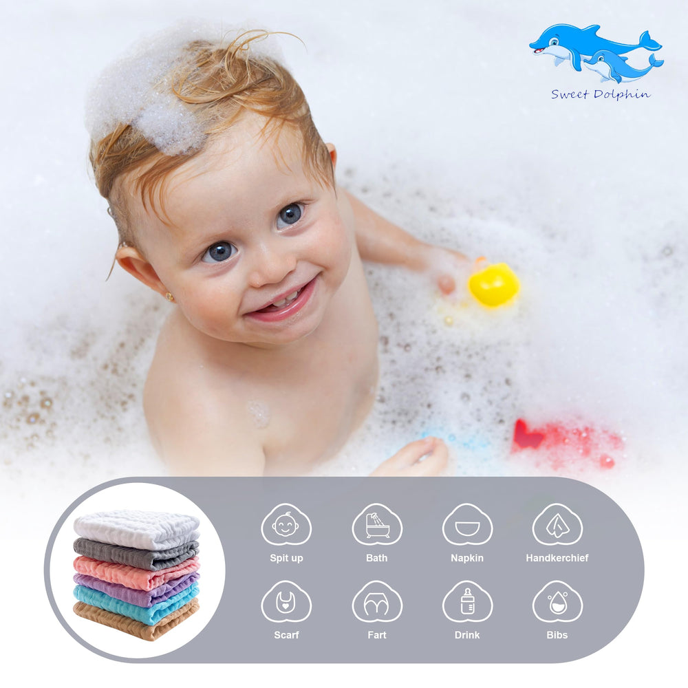 Sweet Dolphin muslin washcloths during bath time, absorbent and skin-friendly