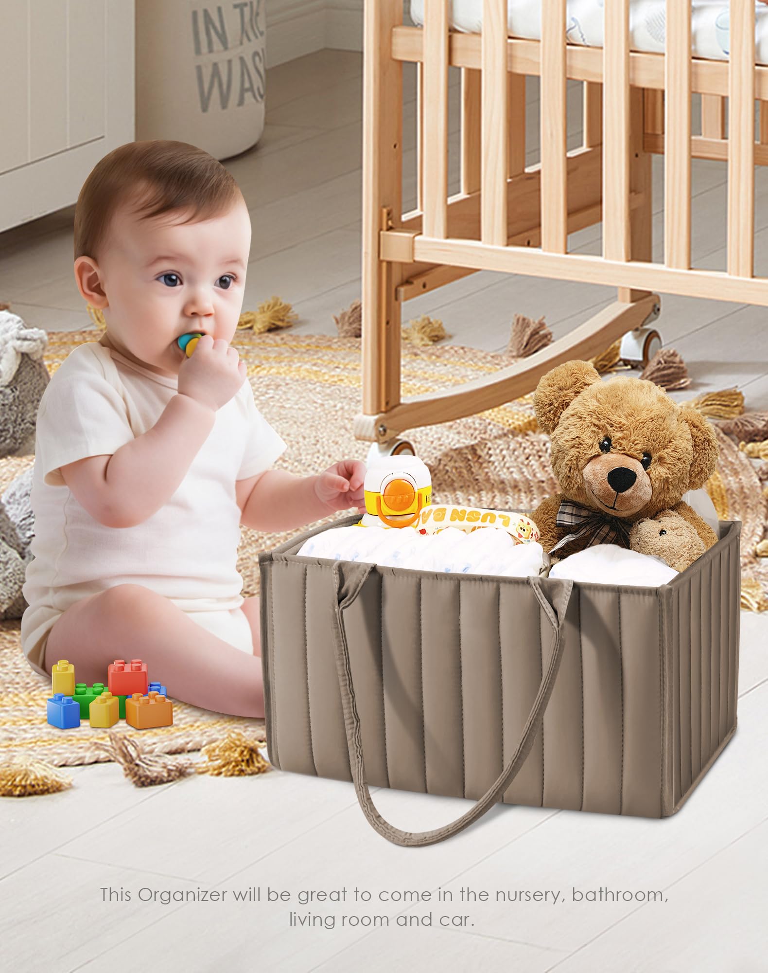 Sweet Dolphin two-pack diaper caddies in nursery storage setup for upstairs downstairs convenience
