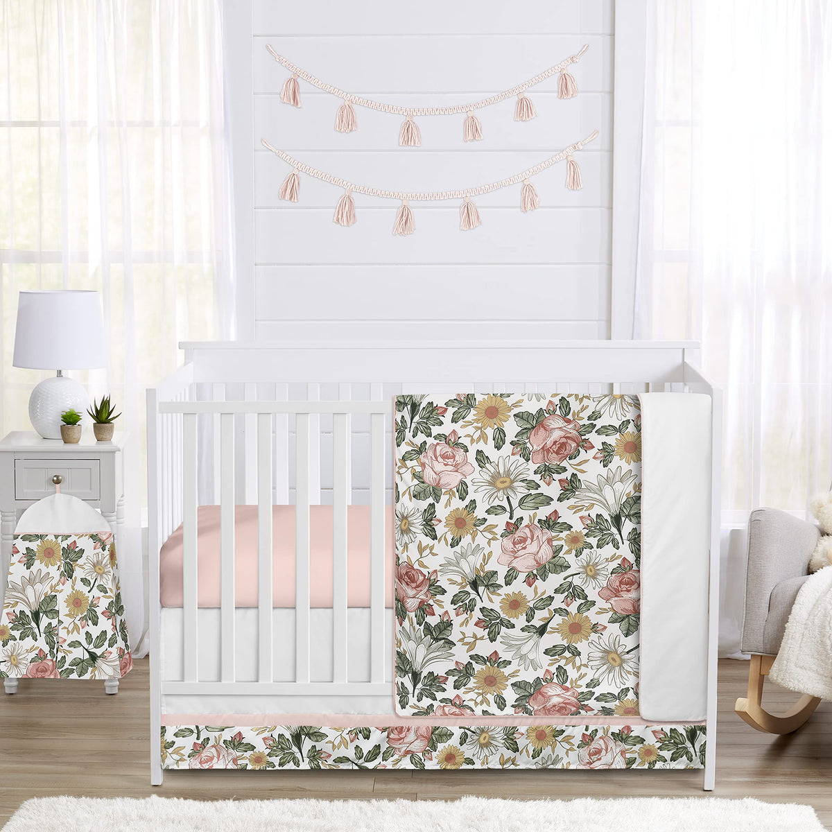 Sweet Jojo Designs 5-piece crib set comforter adds cozy vintage floral charm to nurseries.