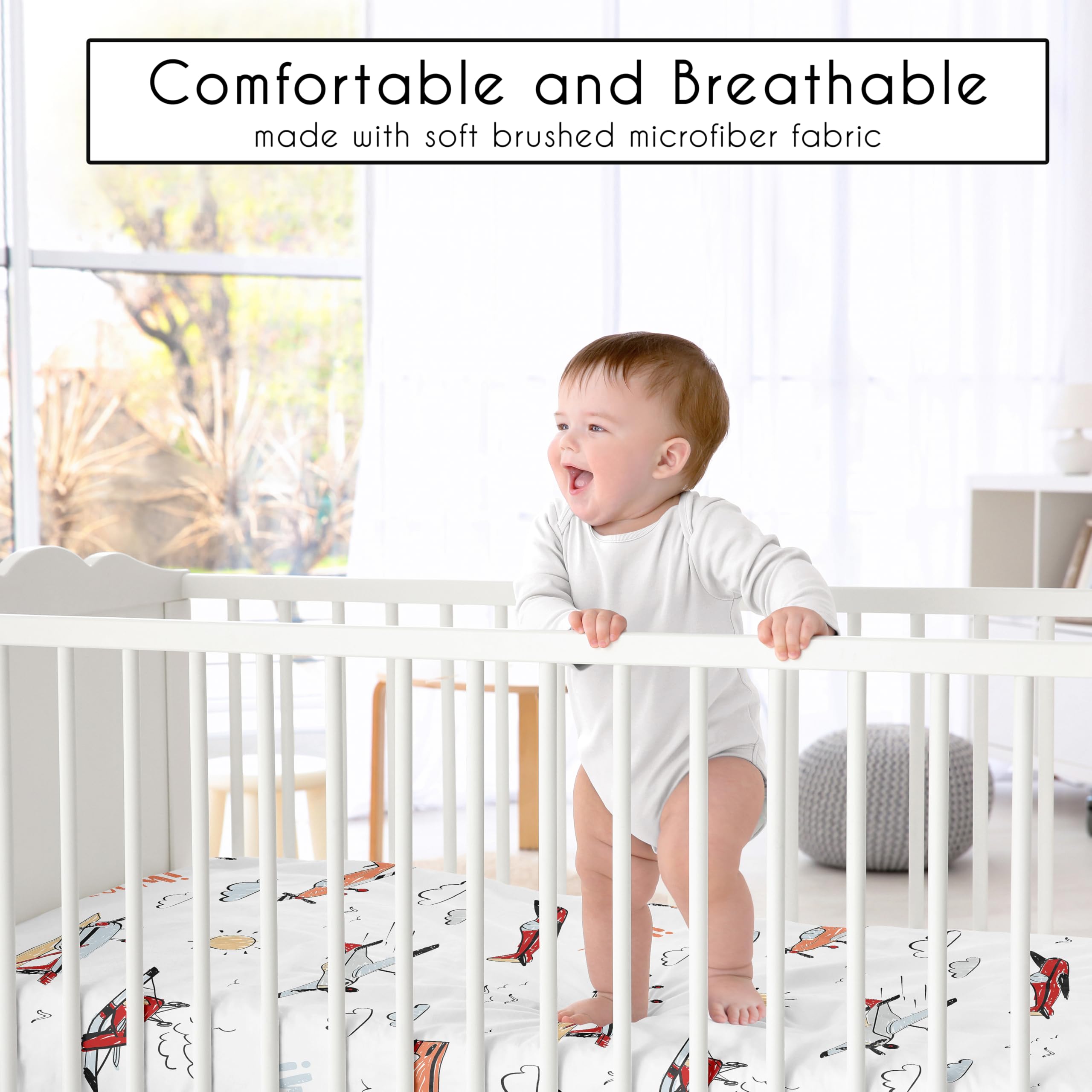 Sweet Jojo Designs airplane print crib sheet enhances a boy’s nursery theme.