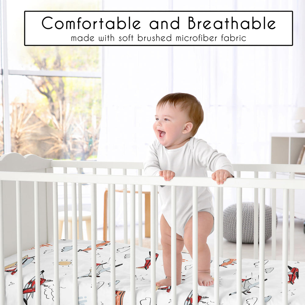 Sweet Jojo Designs airplane print crib sheet enhances a boy’s nursery theme.