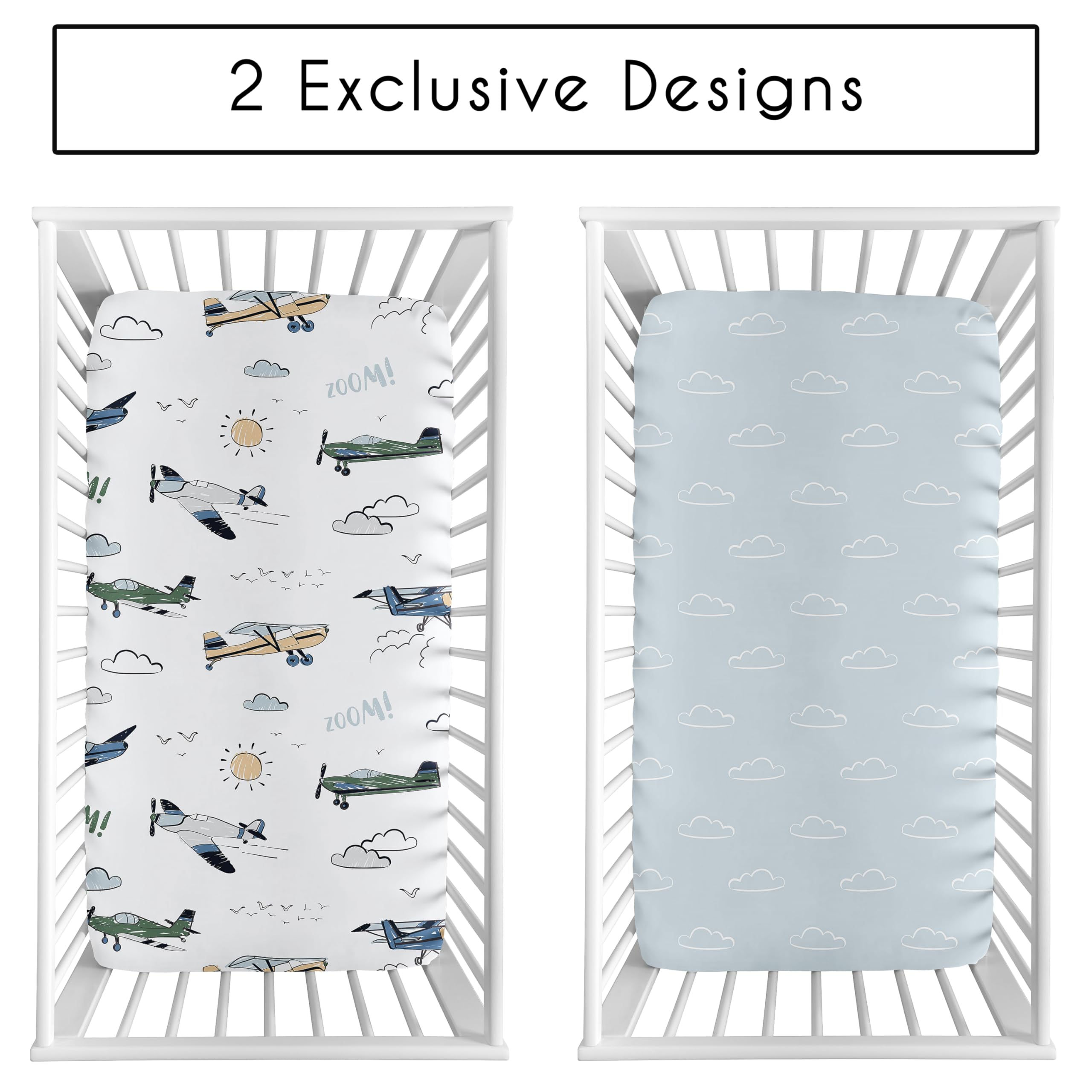 Sweet Jojo Designs aviation prints green yellow gray crib sheet highlights playful pattern for vibrant nursery decor.