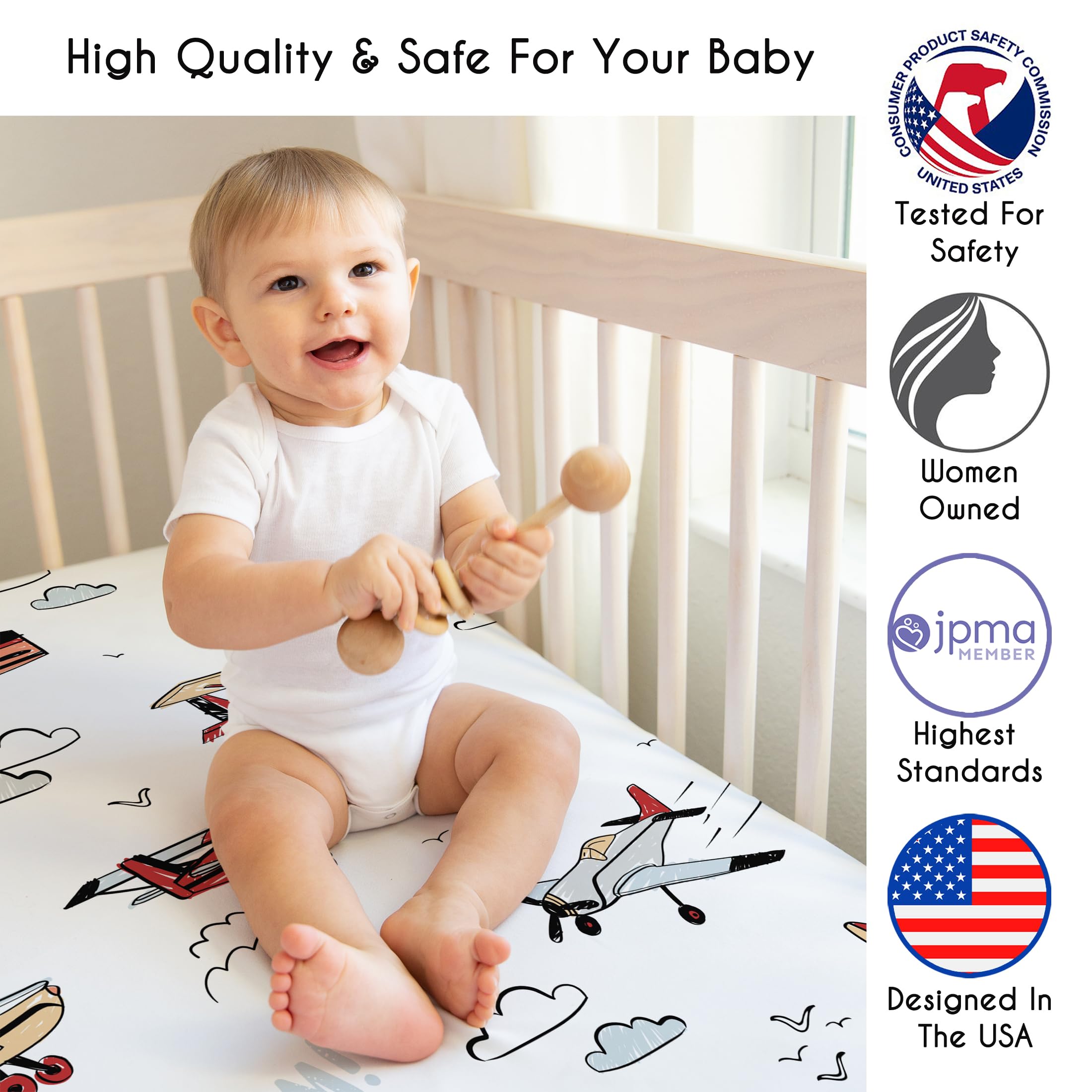 Sweet Jojo Designs aviator-themed crib sheet supports quick changes with a snug fit.