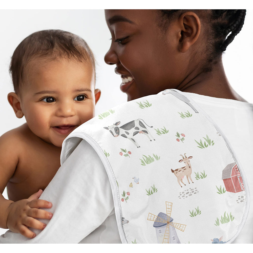 Sweet Jojo Designs baby burp cloth with green watercolor farm motif for clean outfits.