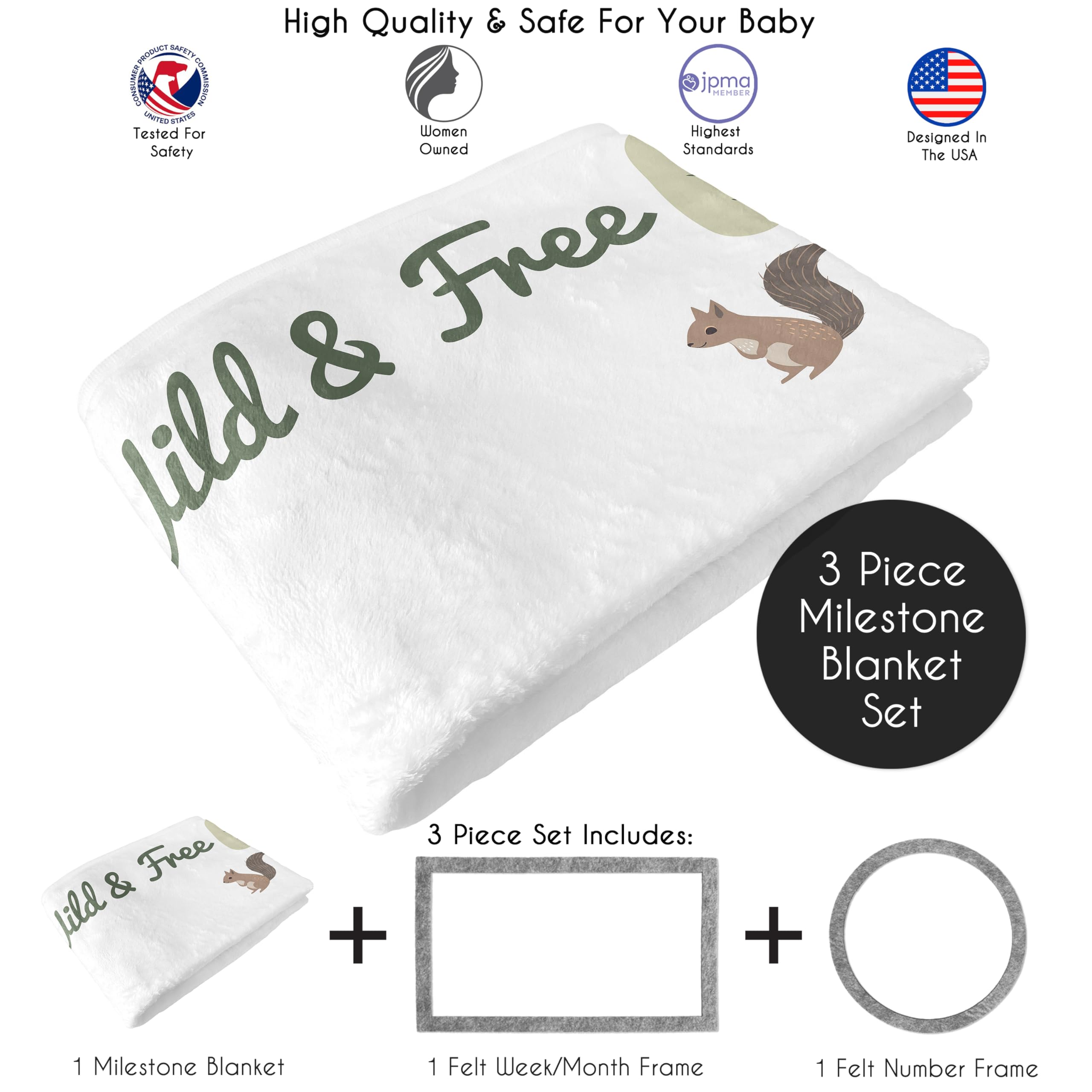 Sweet Jojo Designs milestone blanket with rectangle frame captures monthly growth in forest theme.