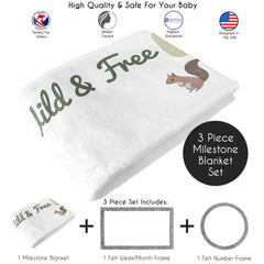Sweet Jojo Designs milestone blanket with rectangle frame captures monthly growth in forest theme.