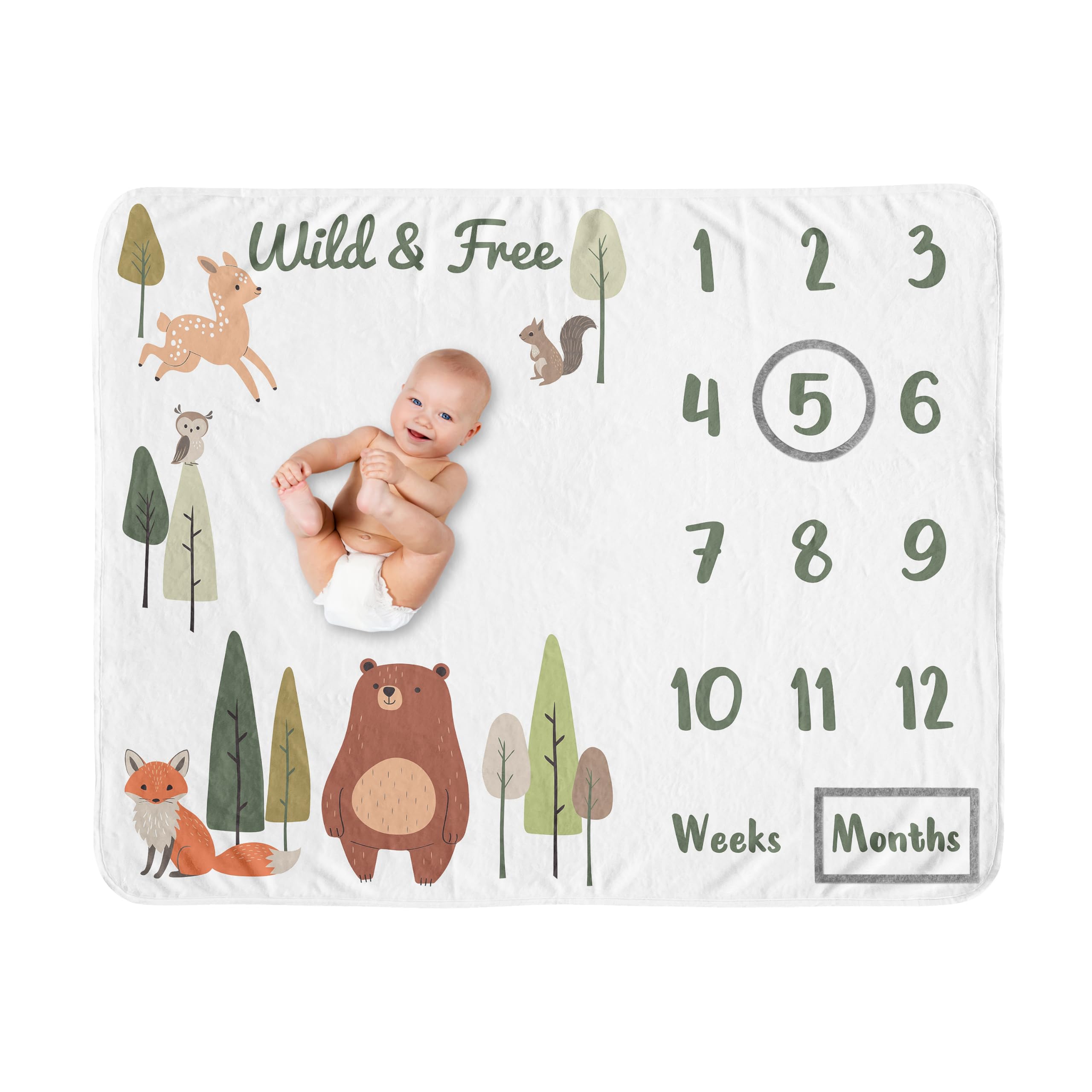 Sweet Jojo Designs baby milestone blanket with forest animals round frame for timeless monthly photos.