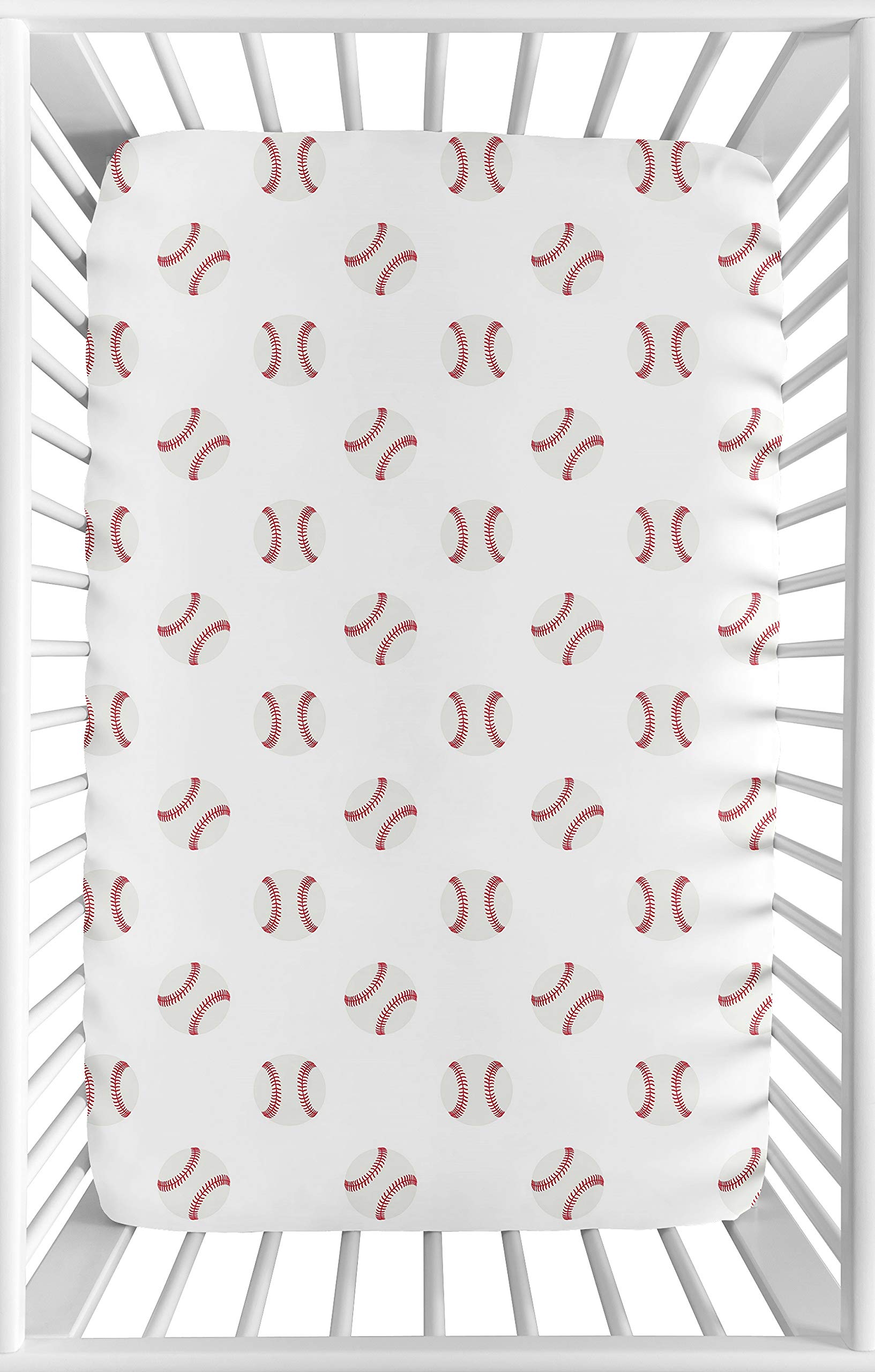 Sweet Jojo Designs mini crib sheet with red and white baseball print for cozy nursery
