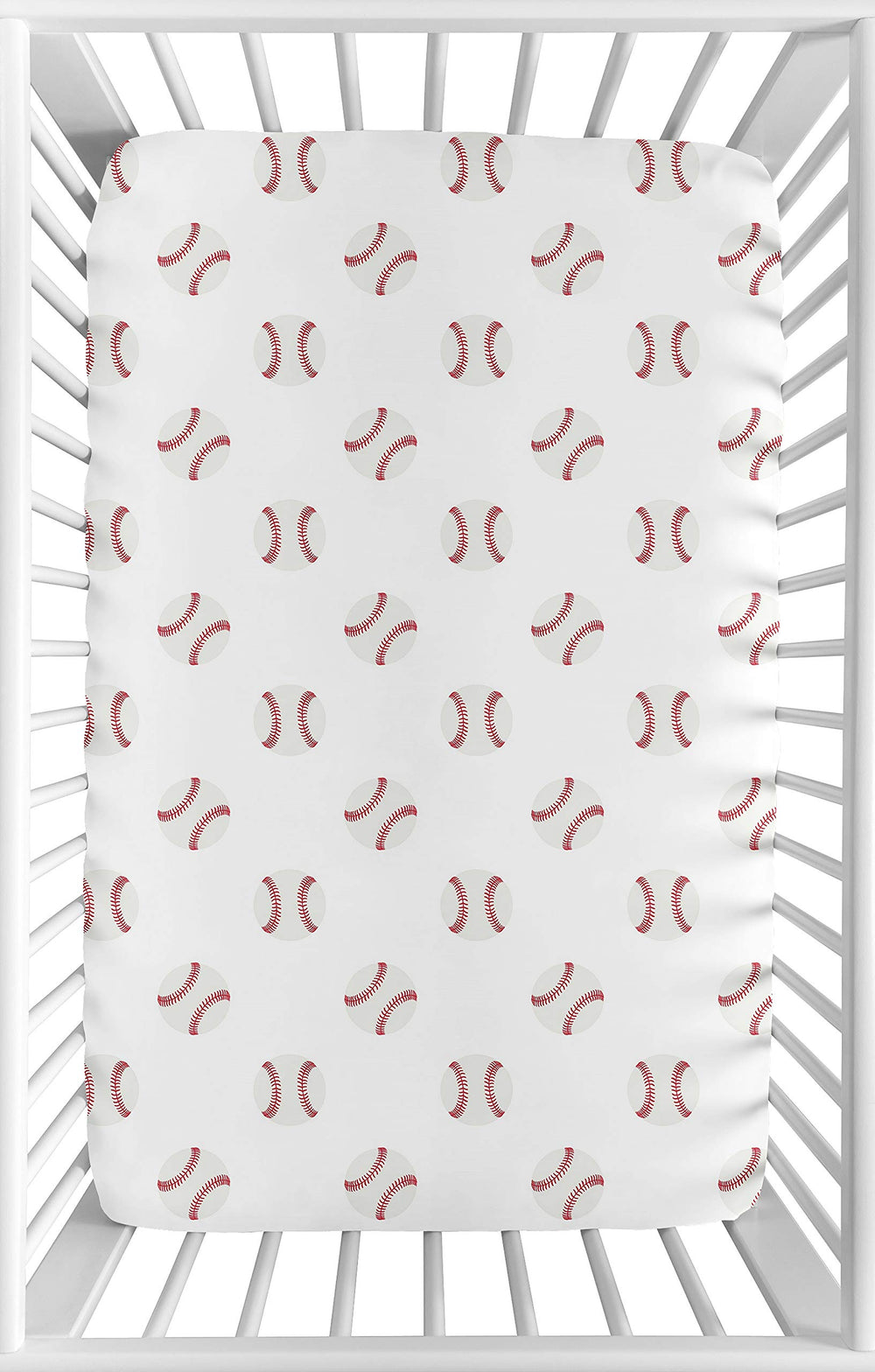 Sweet Jojo Designs mini crib sheet with red and white baseball print for cozy nursery