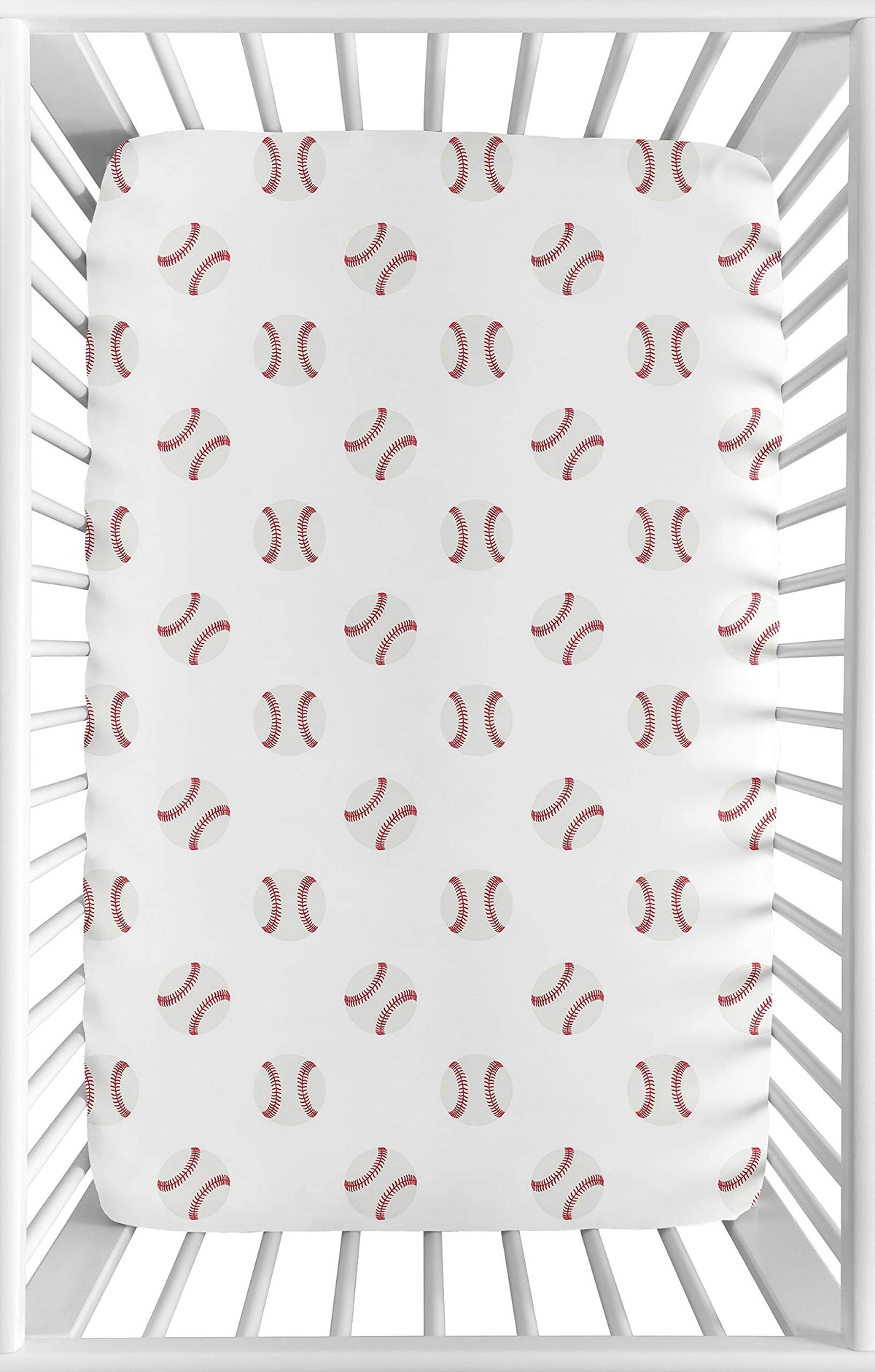 Sweet Jojo Designs mini crib sheet with red and white baseball print for cozy nursery