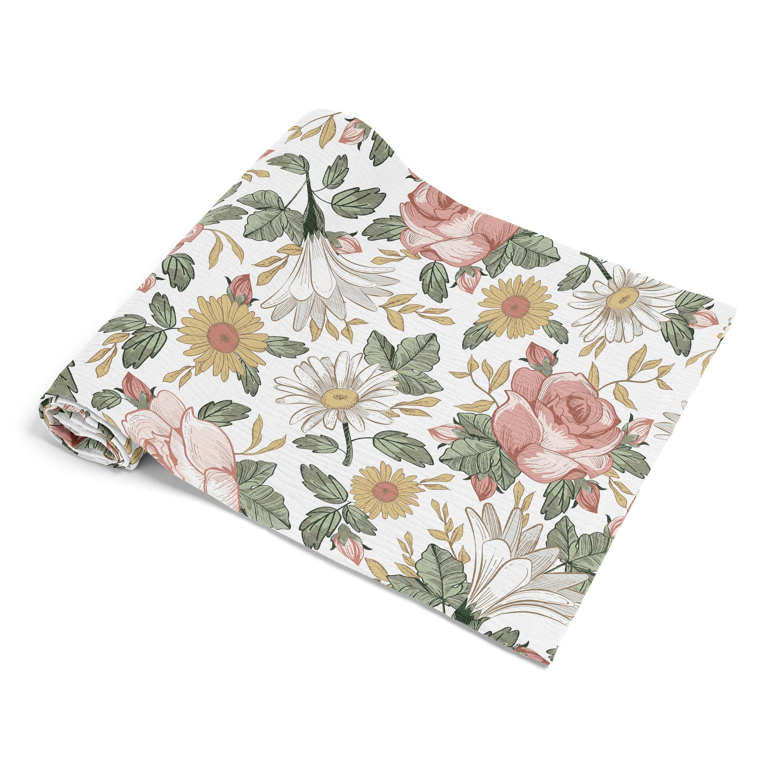 Sweet Jojo Designs baby muslin swaddle blanket in boho vintage floral print for newborns.