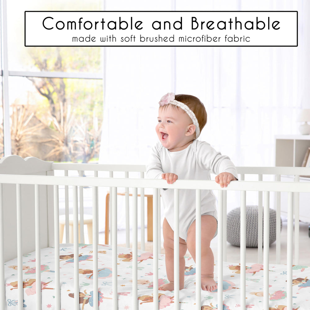 Sweet Jojo Designs ballet shoes crib sheet features delicate detail for baby girls.