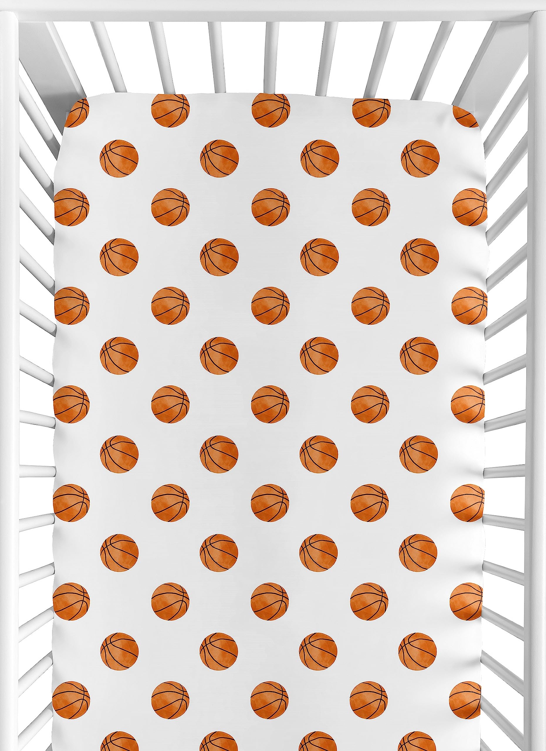 Sweet Jojo Designs basketball crib sheet with orange and white print for snug fit.