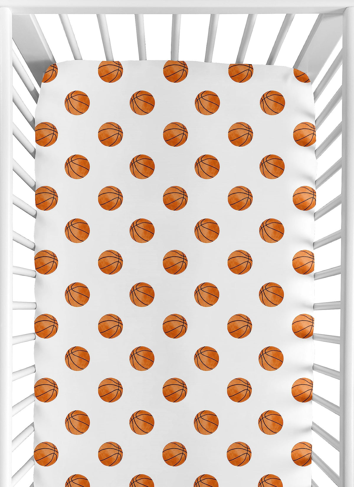 Sweet Jojo Designs basketball crib sheet with orange and white print for snug fit.