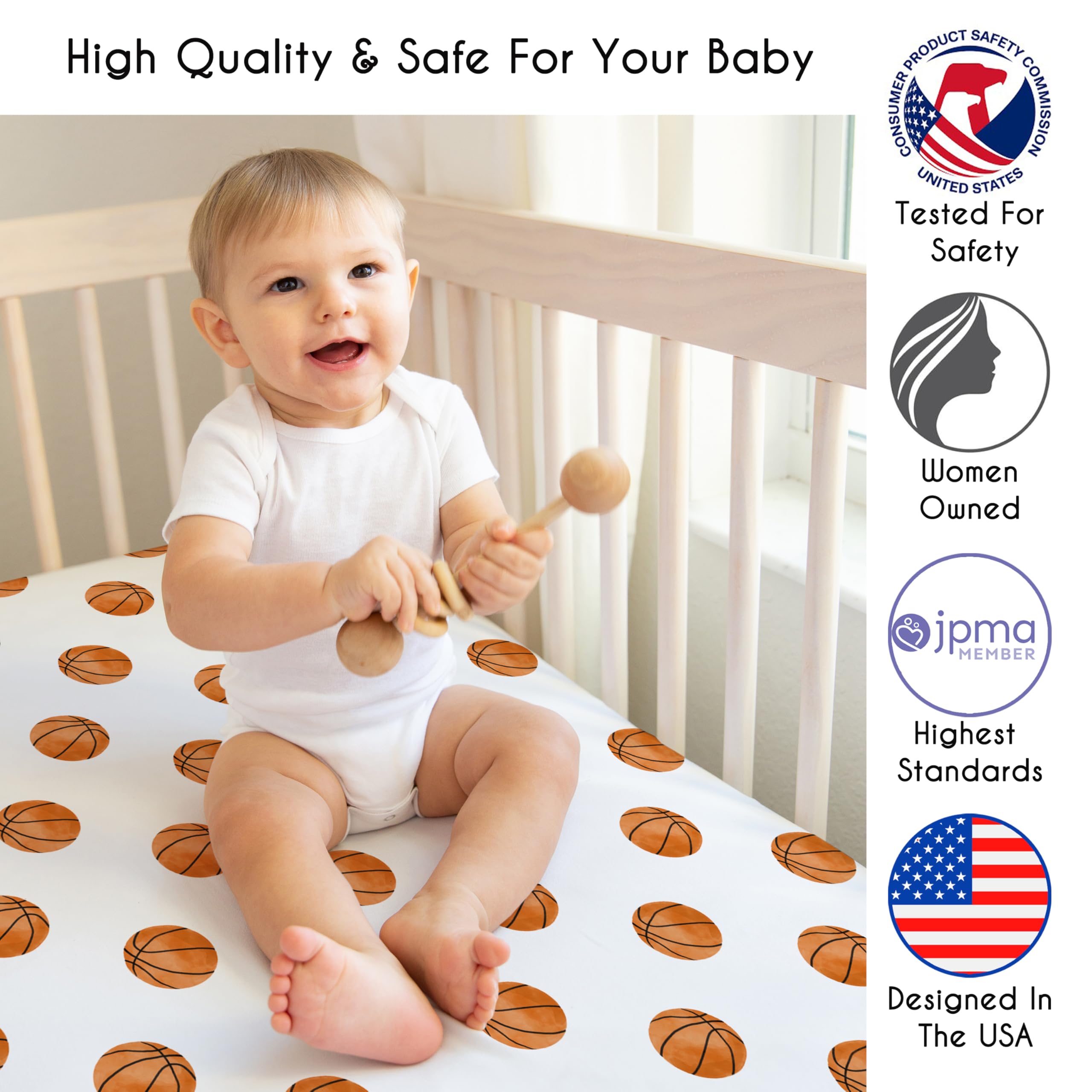 Sweet Jojo Designs basketball print crib sheet view in nursery setting.