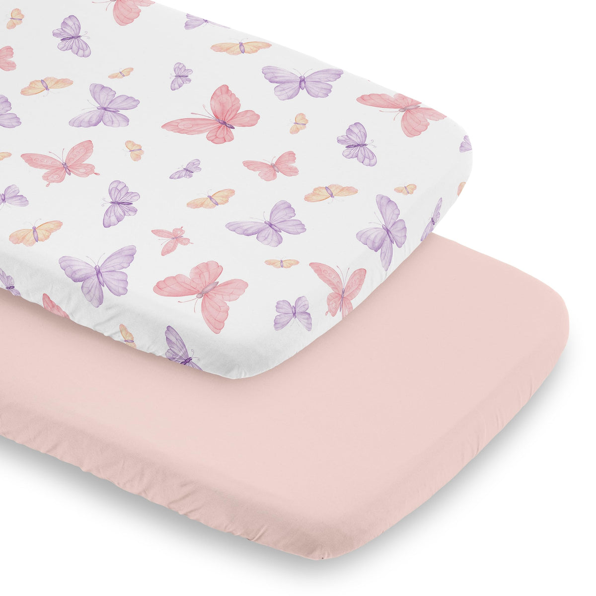 Sweet Jojo Designs bassinet sheet pink purple butterfly pattern with snug oval bassinet fit.