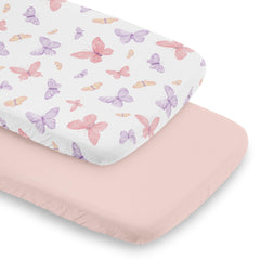 Sweet Jojo Designs bassinet sheet pink purple butterfly pattern with snug oval bassinet fit.