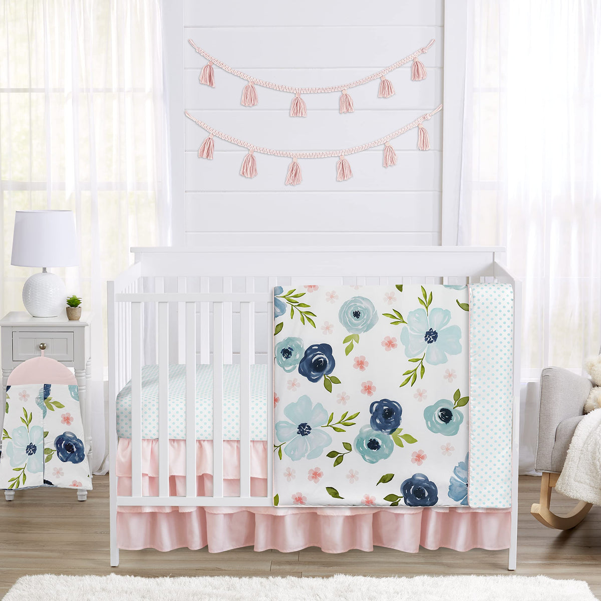Sweet Jojo Designs blanket with blue rose floral for a cozy crib moment