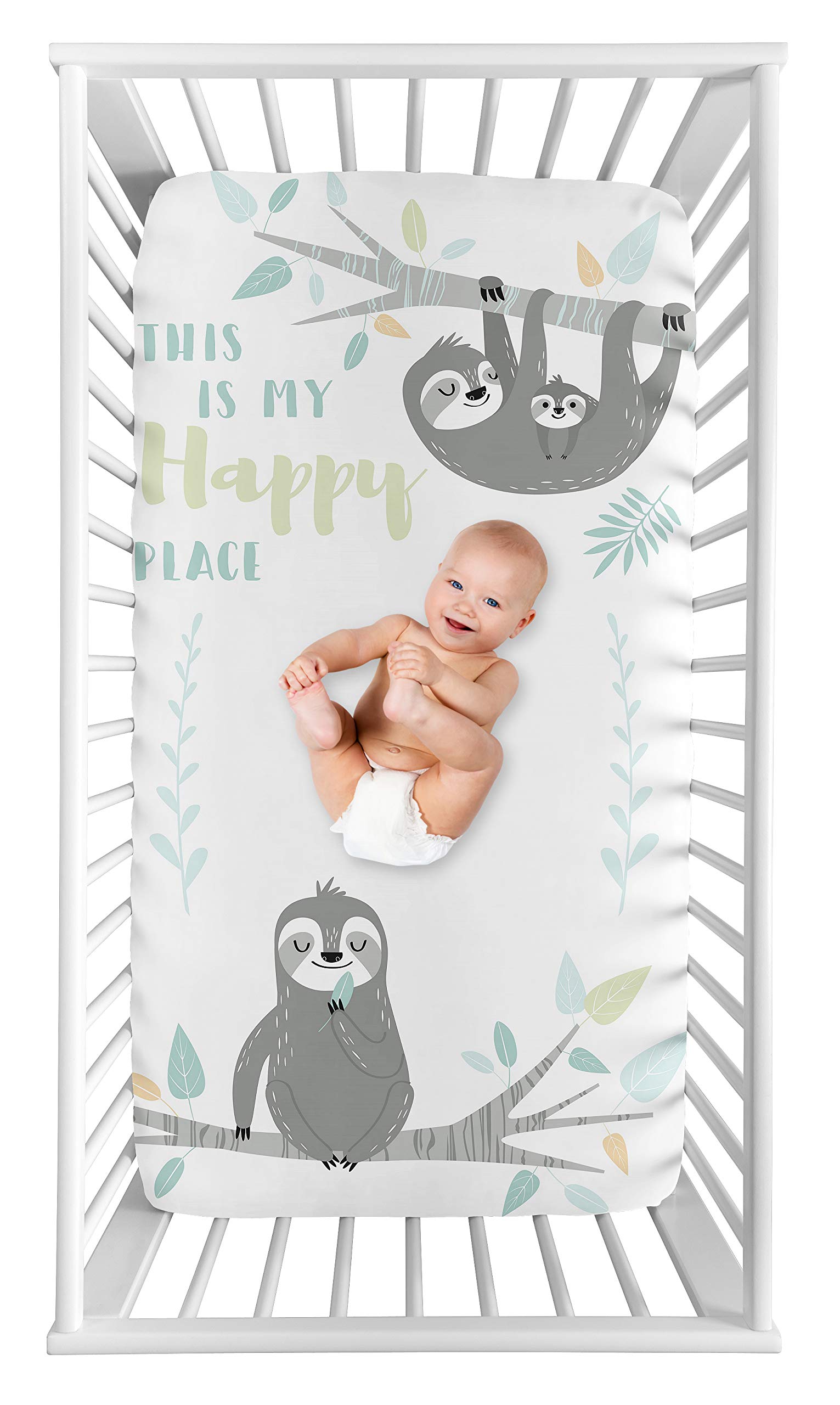 Sweet Jojo Designs blue jungle sloth leaf print fitted sheet enhances crib or toddler bed with playful charm.