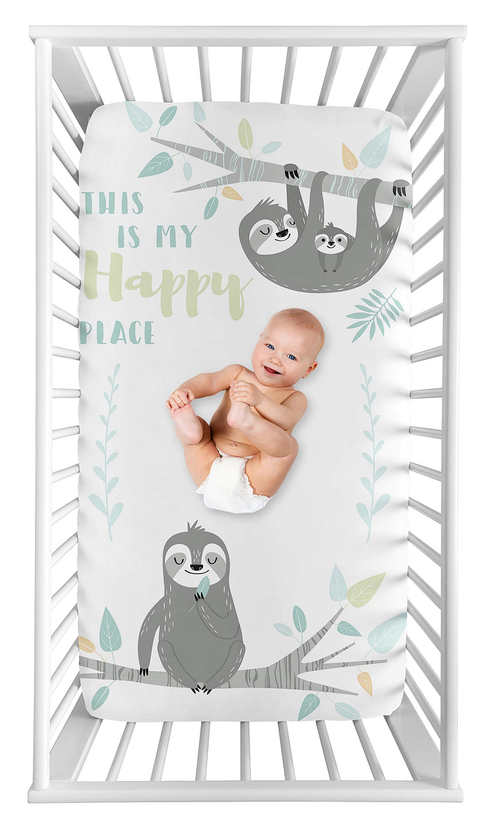 Sweet Jojo Designs blue jungle sloth leaf print fitted sheet enhances crib or toddler bed with playful charm.