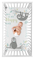 Sweet Jojo Designs blue jungle sloth leaf print fitted sheet enhances crib or toddler bed with playful charm.