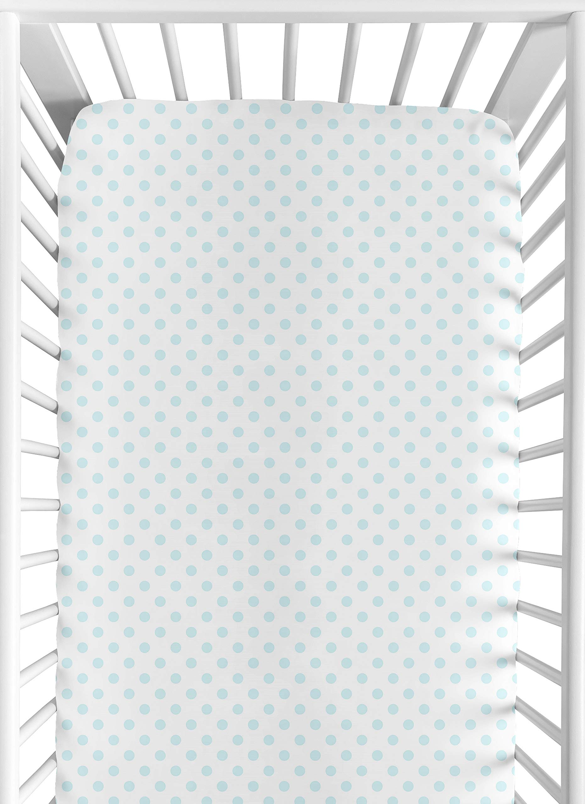 Sweet Jojo Designs blue and white polka dot crib sheet with cozy microfiber for daily comfort.