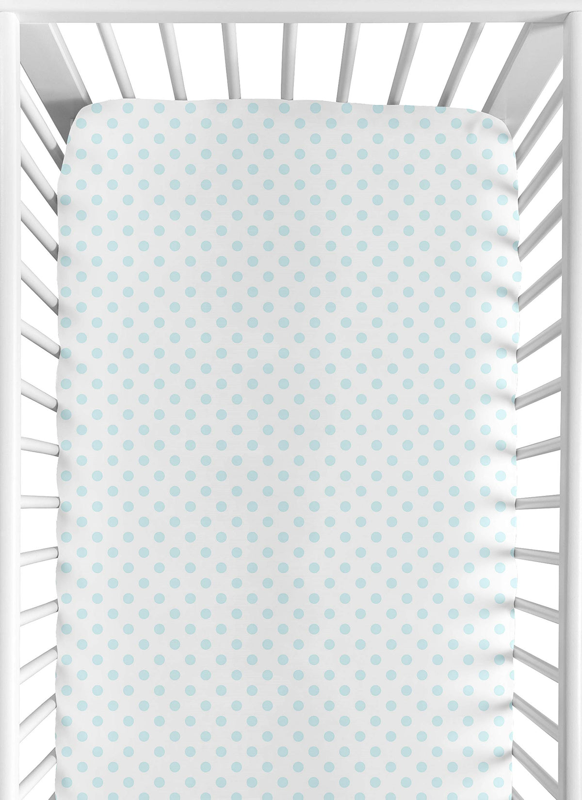 Sweet Jojo Designs blue and white polka dot crib sheet with cozy microfiber for daily comfort.