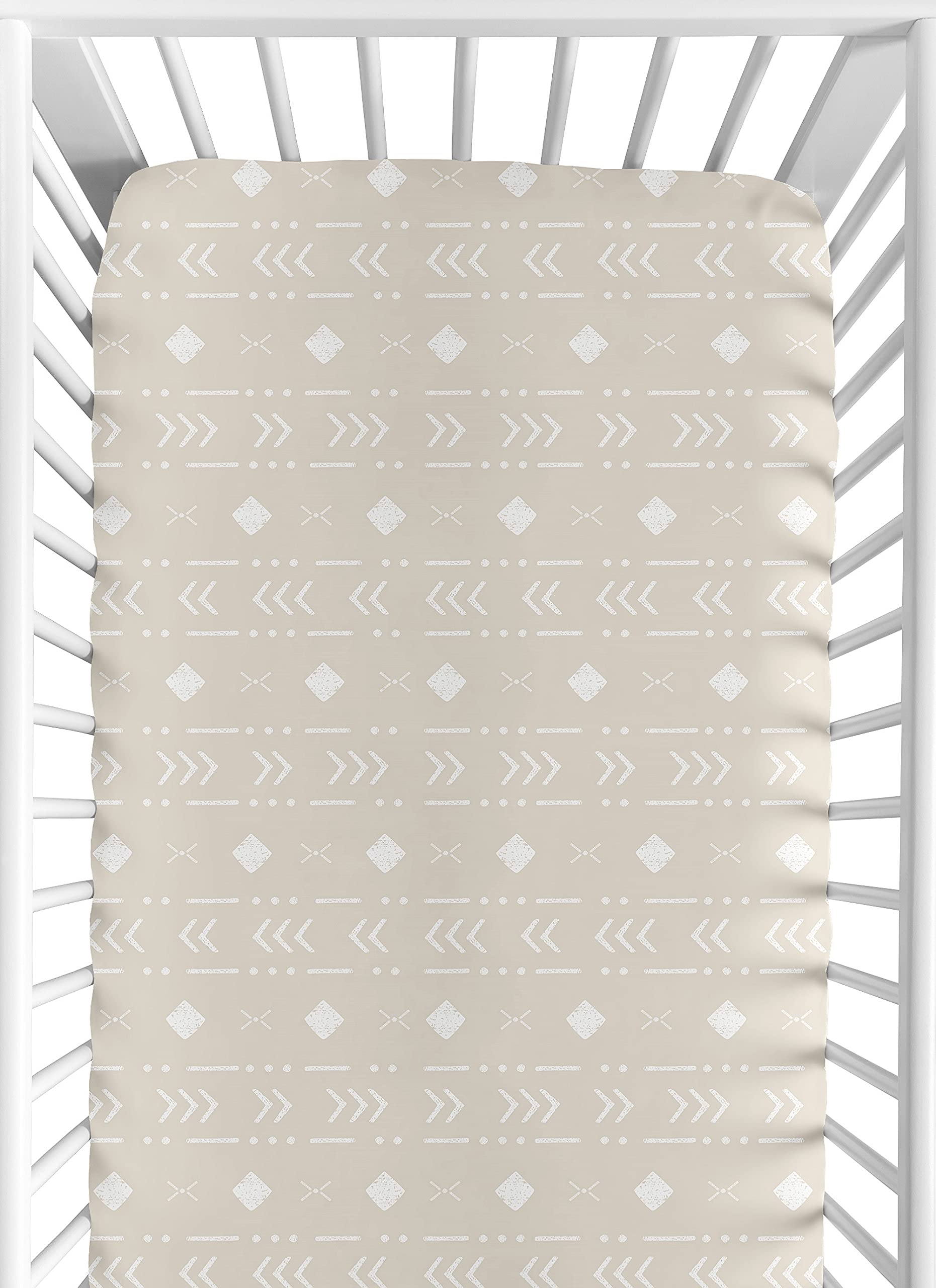 Sweet Jojo Designs boho aztec crib sheet in taupe and white for a neutral nursery.