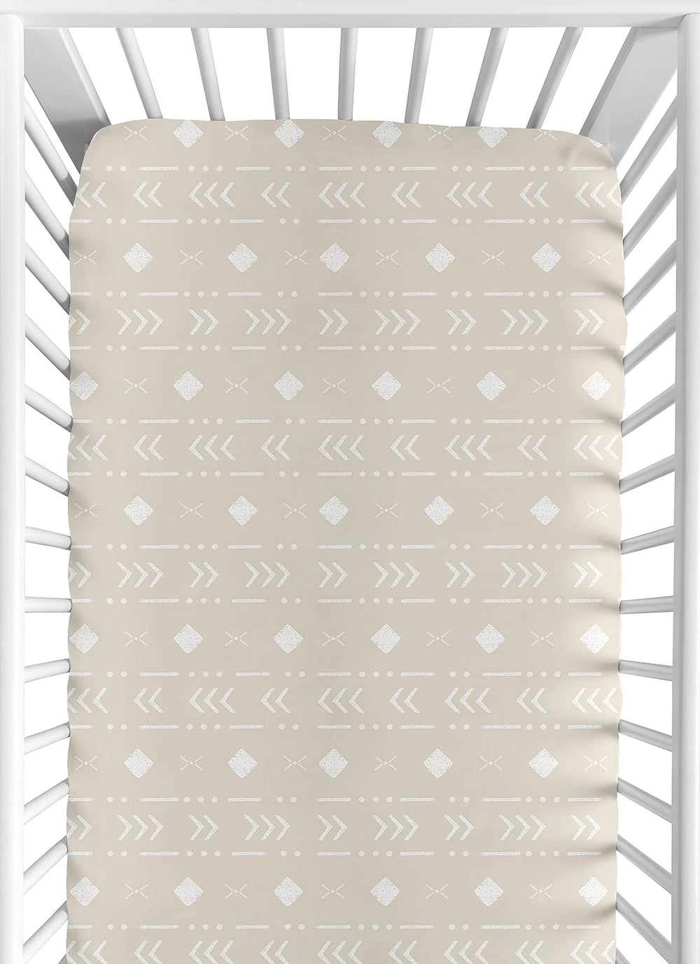 Sweet Jojo Designs boho aztec crib sheet in taupe and white for a neutral nursery.