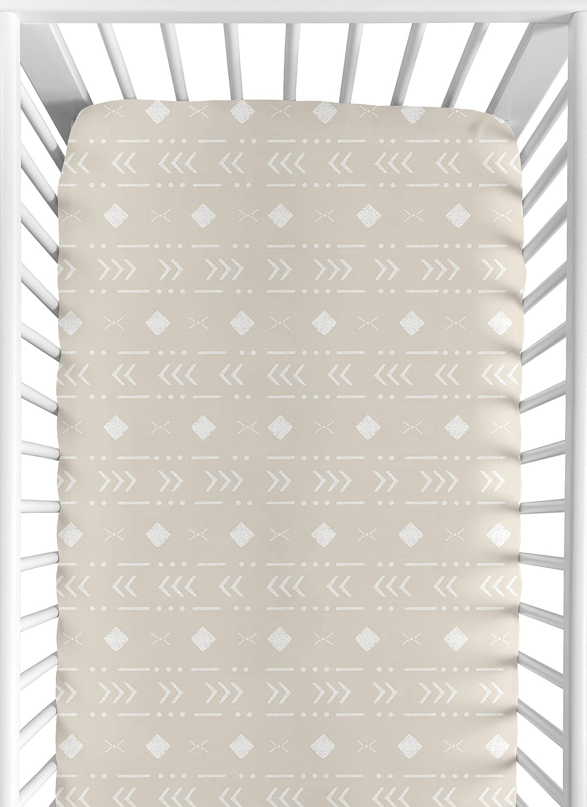 Sweet Jojo Designs boho aztec crib sheet in taupe and white for a neutral nursery.