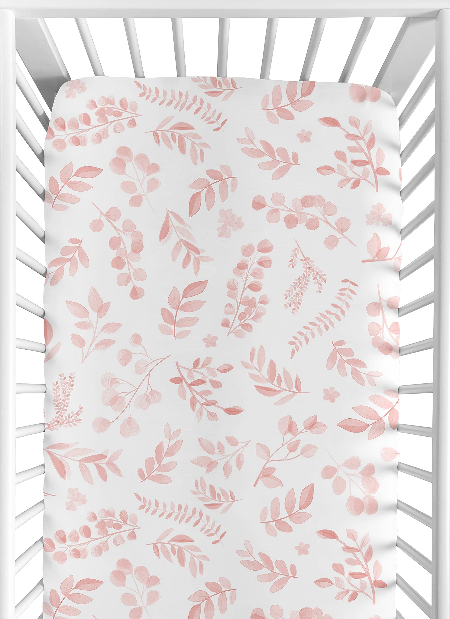Sweet Jojo Designs boho pink floral leaf crib sheet offers snug fit for standard cribs.