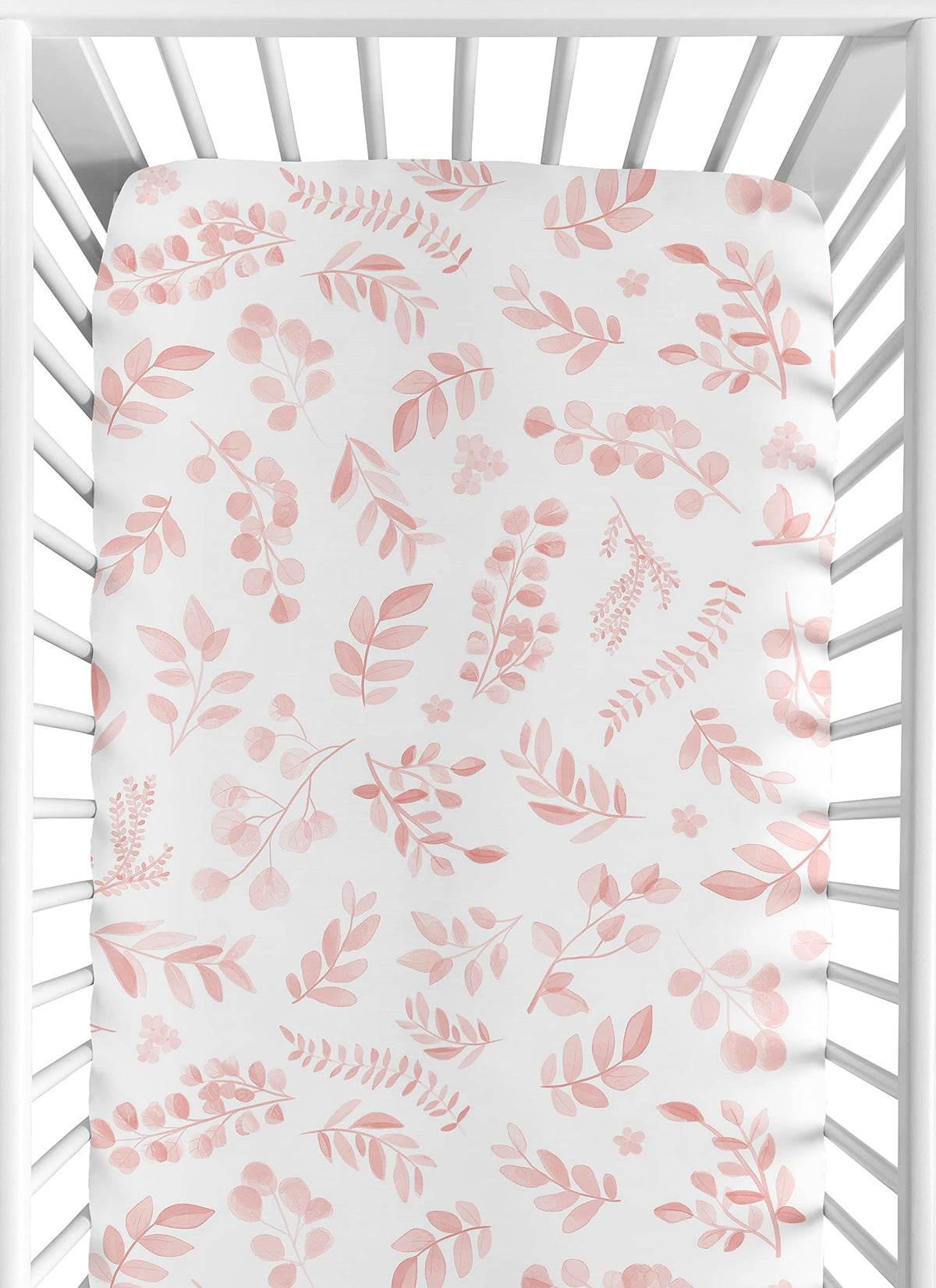 Sweet Jojo Designs boho pink floral leaf crib sheet offers snug fit for standard cribs.