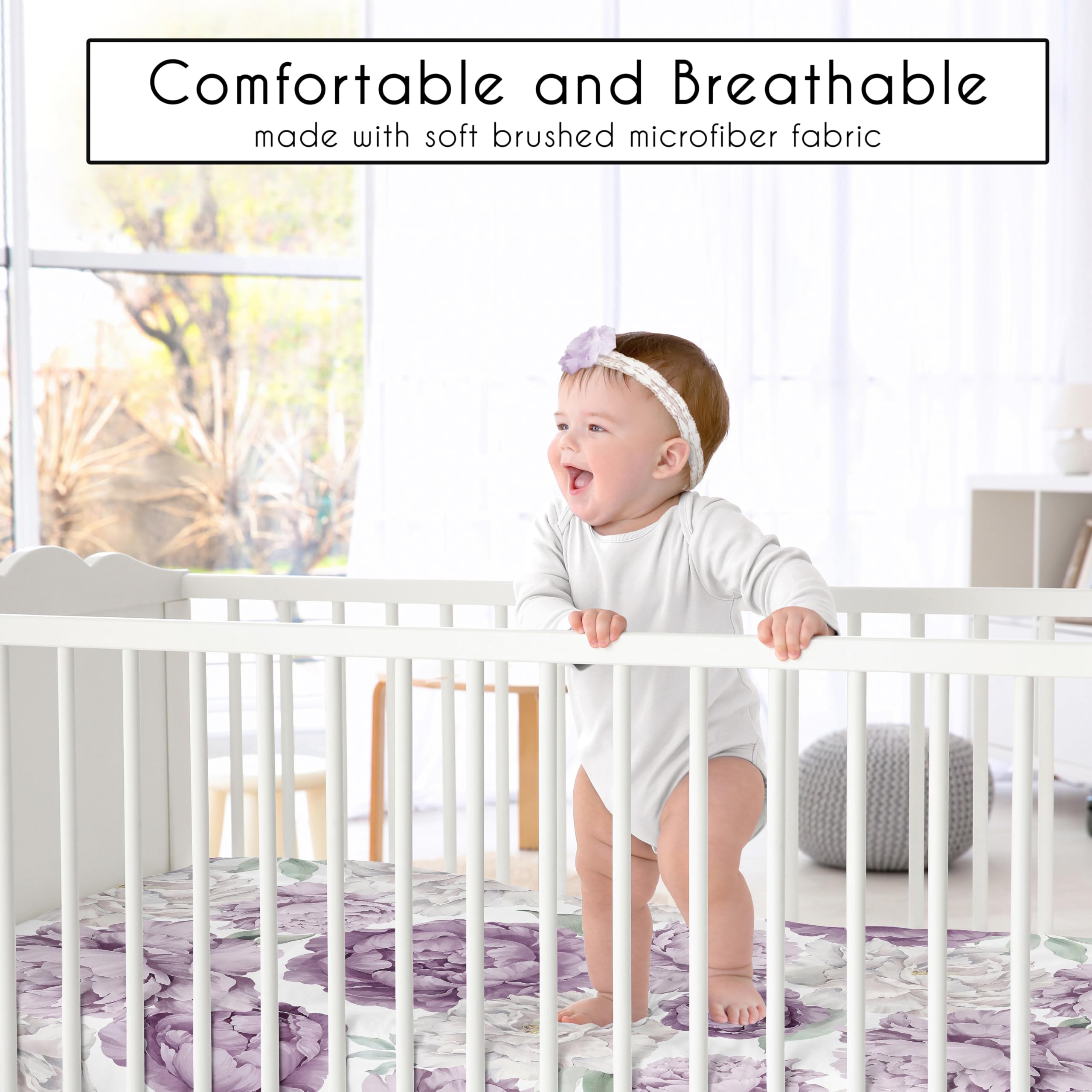 Sweet Jojo Designs boho purple floral fitted sheet on crib demonstrating secure fit