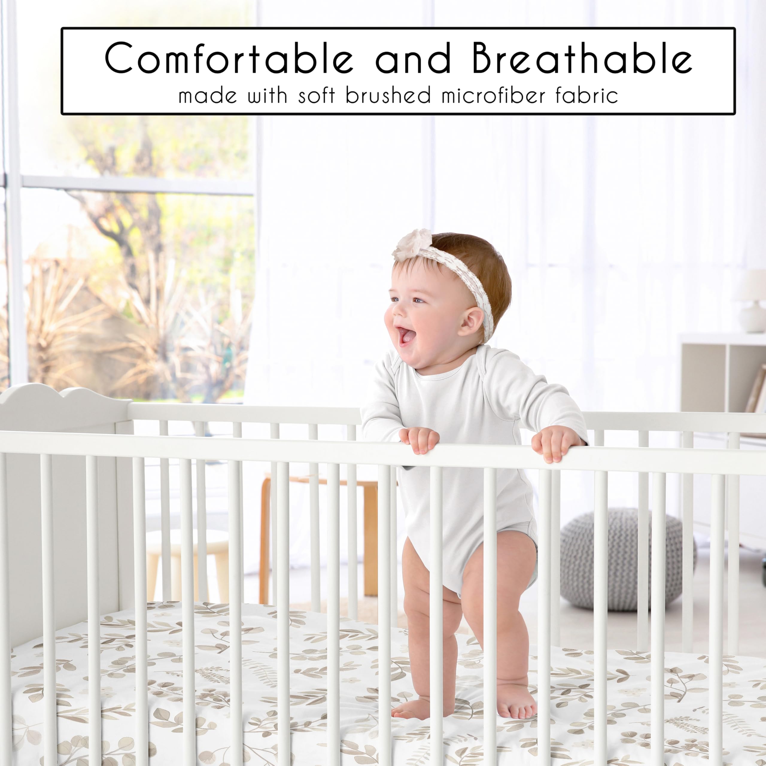 Sweet Jojo Designs boho taupe floral leaf print enhances gender-neutral nursery decor