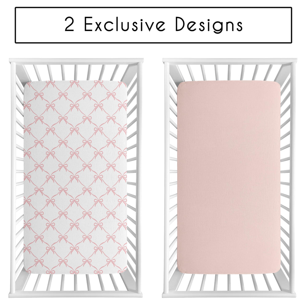 Sweet Jojo Designs bow print crib sheet offers snug fit for crib to toddler bed