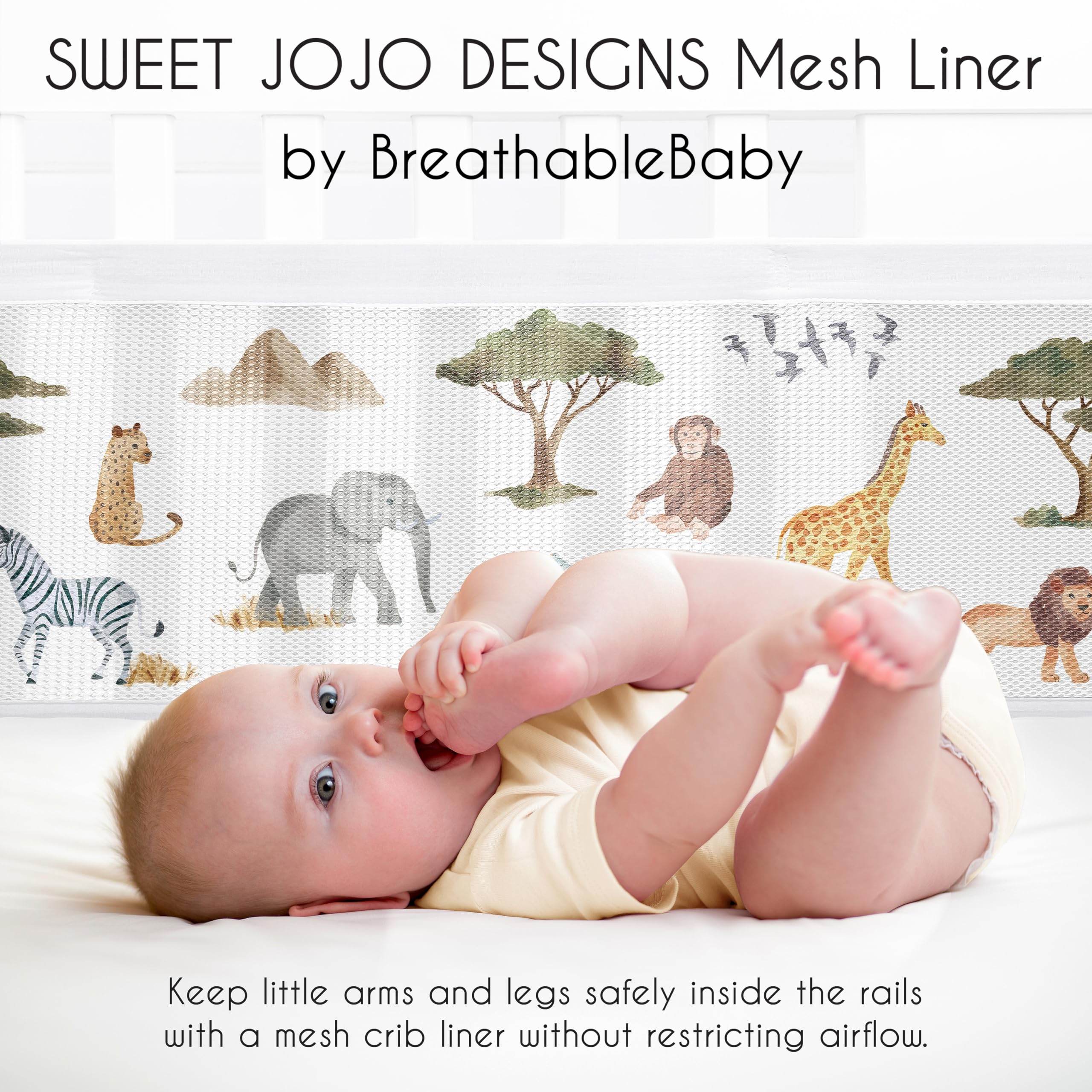Sweet Jojo Designs BreathableBaby Jungle Animals long panel liner offers taut mesh for a secure fit.