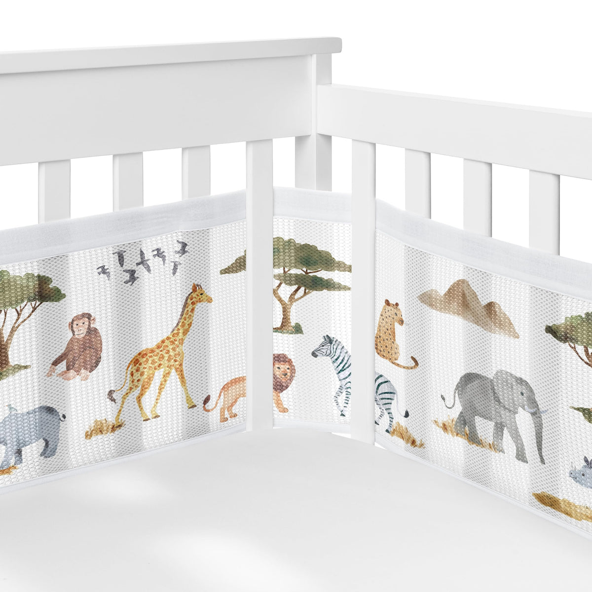 Sweet Jojo Designs BreathableBaby Jungle Animals long panel crib liner keeps little limbs inside while adding style.
