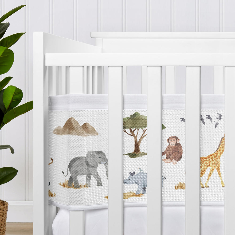 Sweet Jojo Designs BreathableBaby Jungle Animals short panel liner enhances crib aesthetics with safari flair.