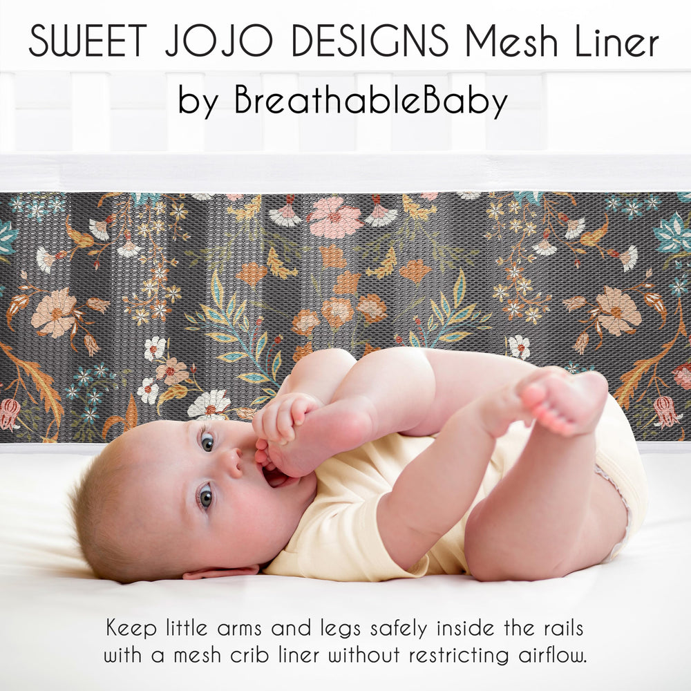 Sweet Jojo Designs boho wildflower pattern crib liner enhances nursery decor.