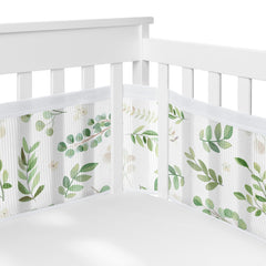 Sweet Jojo Designs breathable mesh crib liner in sage green boho leaf keeps baby inside.