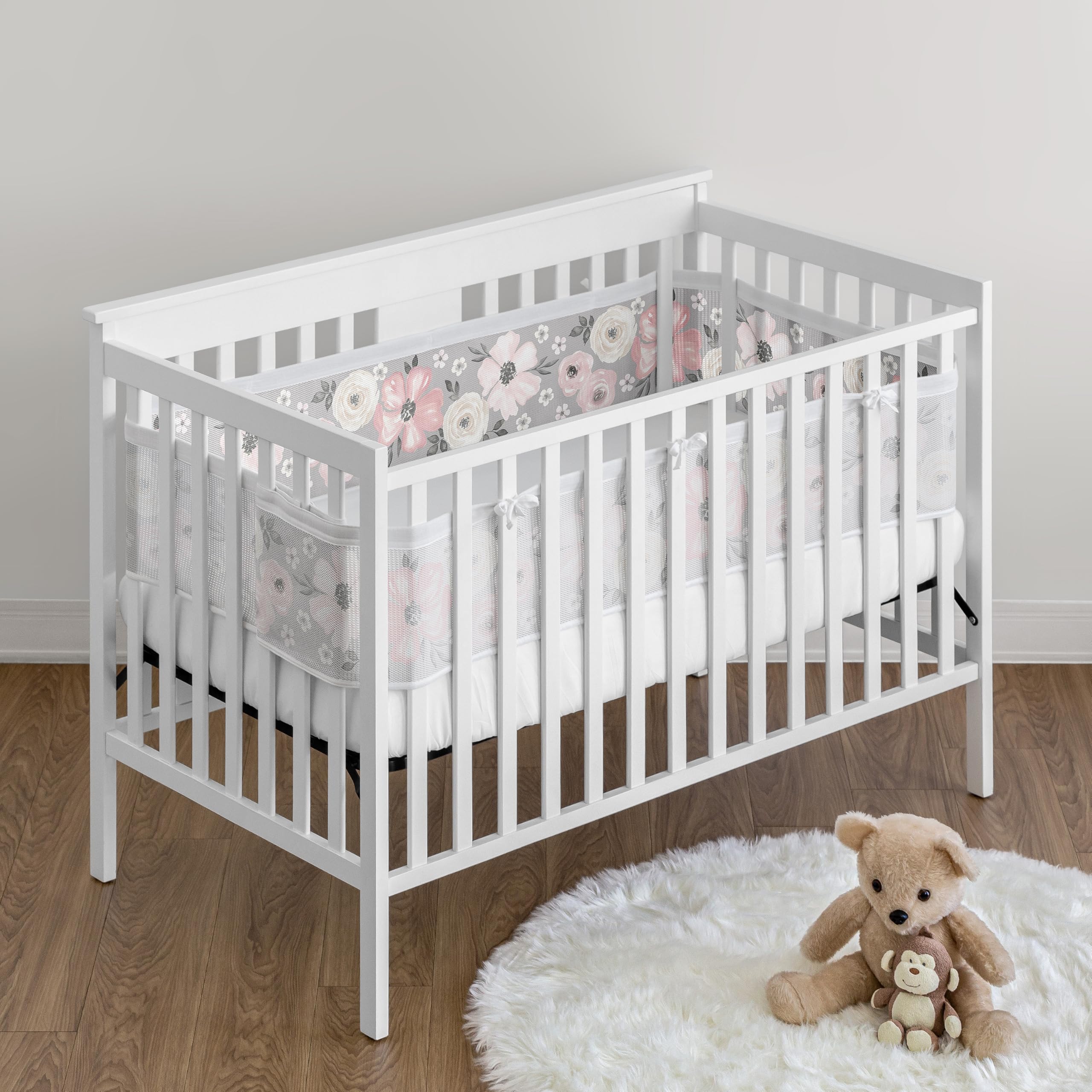 Sweet Jojo Designs breathable mesh crib liner short panel fits standard cribs securely.