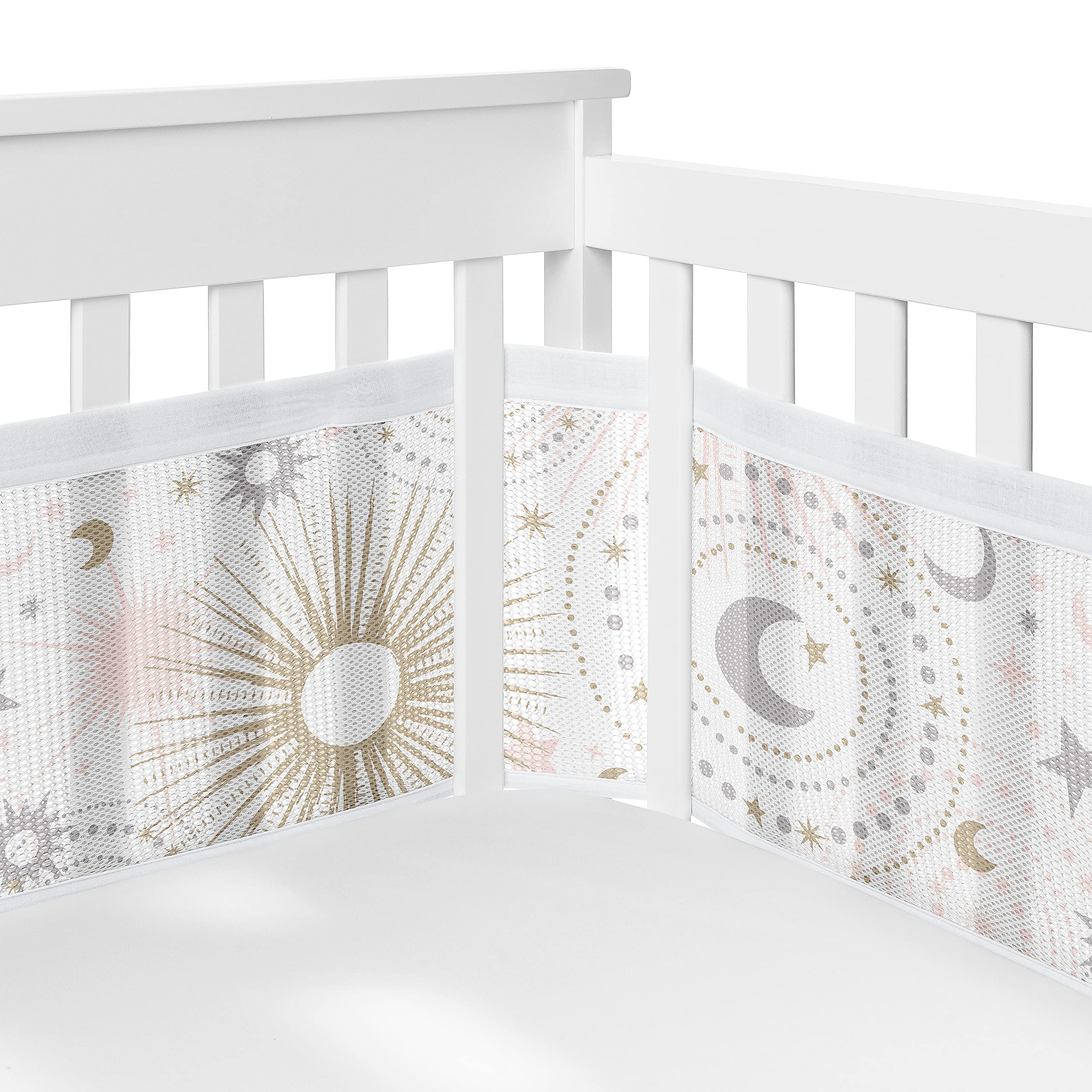 Sweet Jojo Designs breathable mesh crib liner with stars and moon in blush pink enhances safety and peaceful sleep