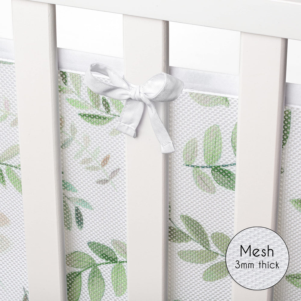 Sweet Jojo Designs tropical floral leaves liner pairs with airy bedding for calm sleep space.