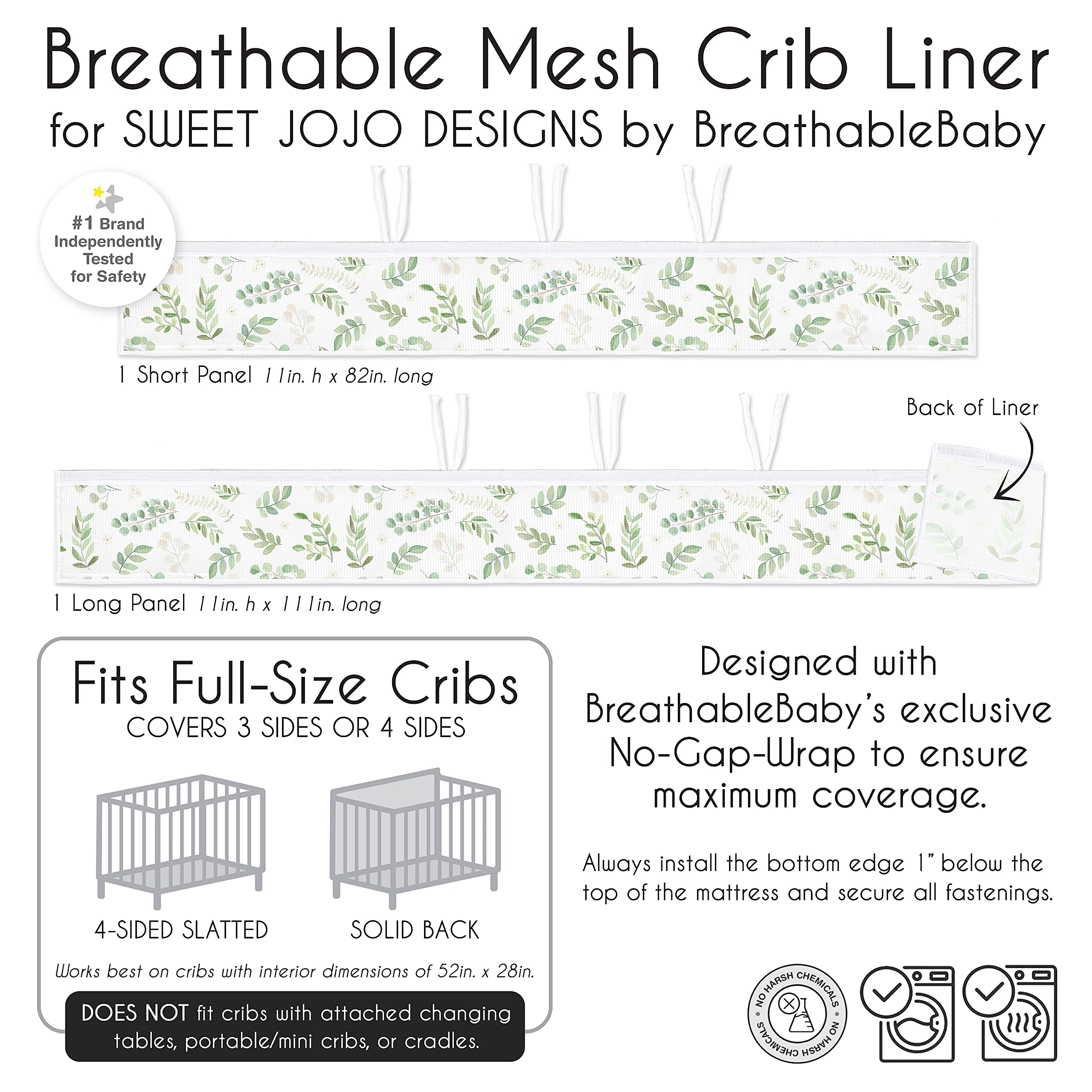 Sweet Jojo Designs white-green botanical liner offers modern style and practical protection.