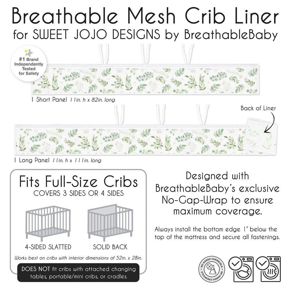 Sweet Jojo Designs white-green botanical liner offers modern style and practical protection.