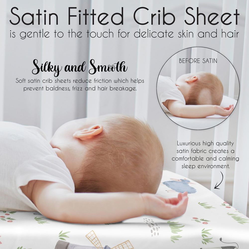 Sweet Jojo Designs chickens and trees add nature-inspired charm to crib sheet