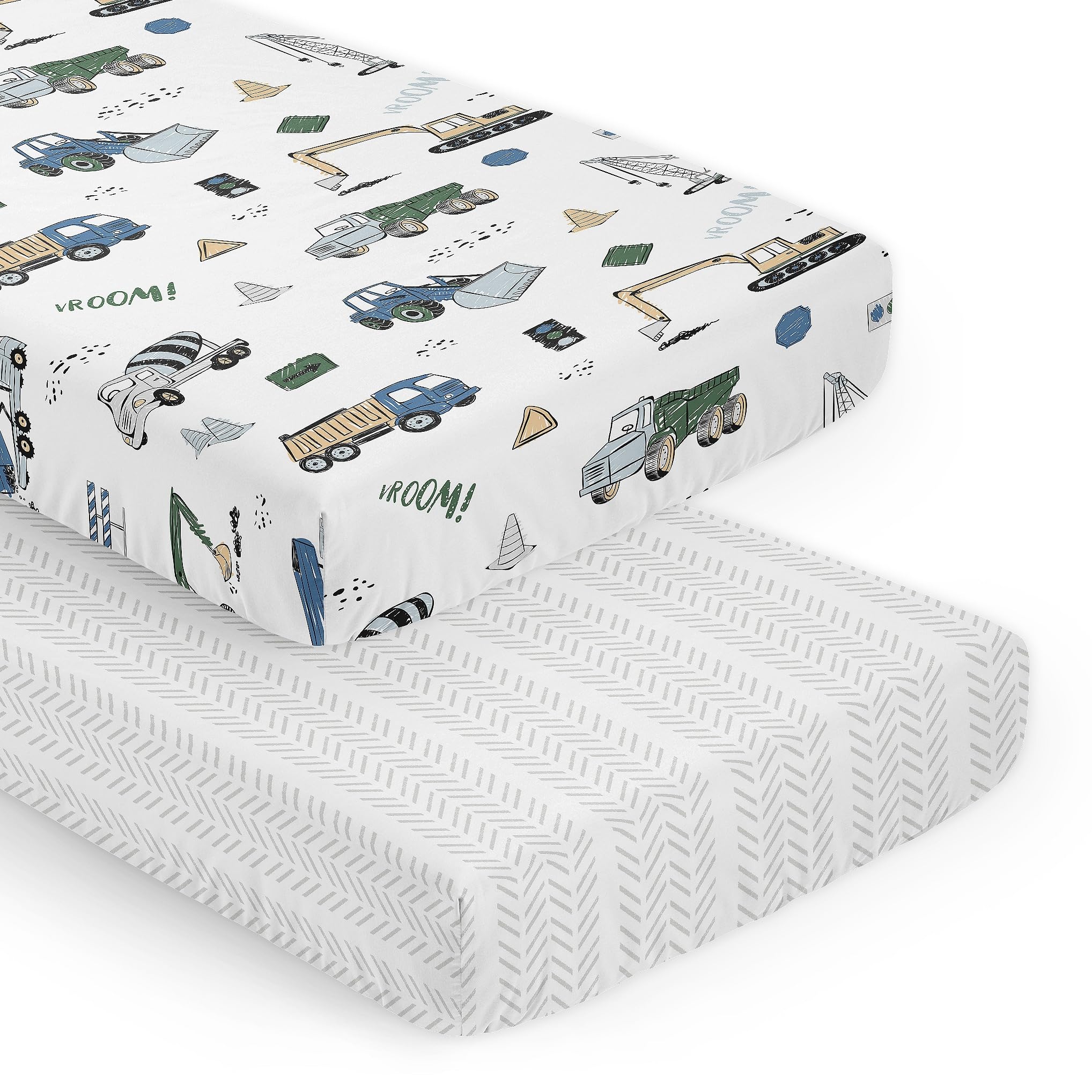 Sweet Jojo Designs construction truck print crib sheet offers soft microfiber comfort for naps.