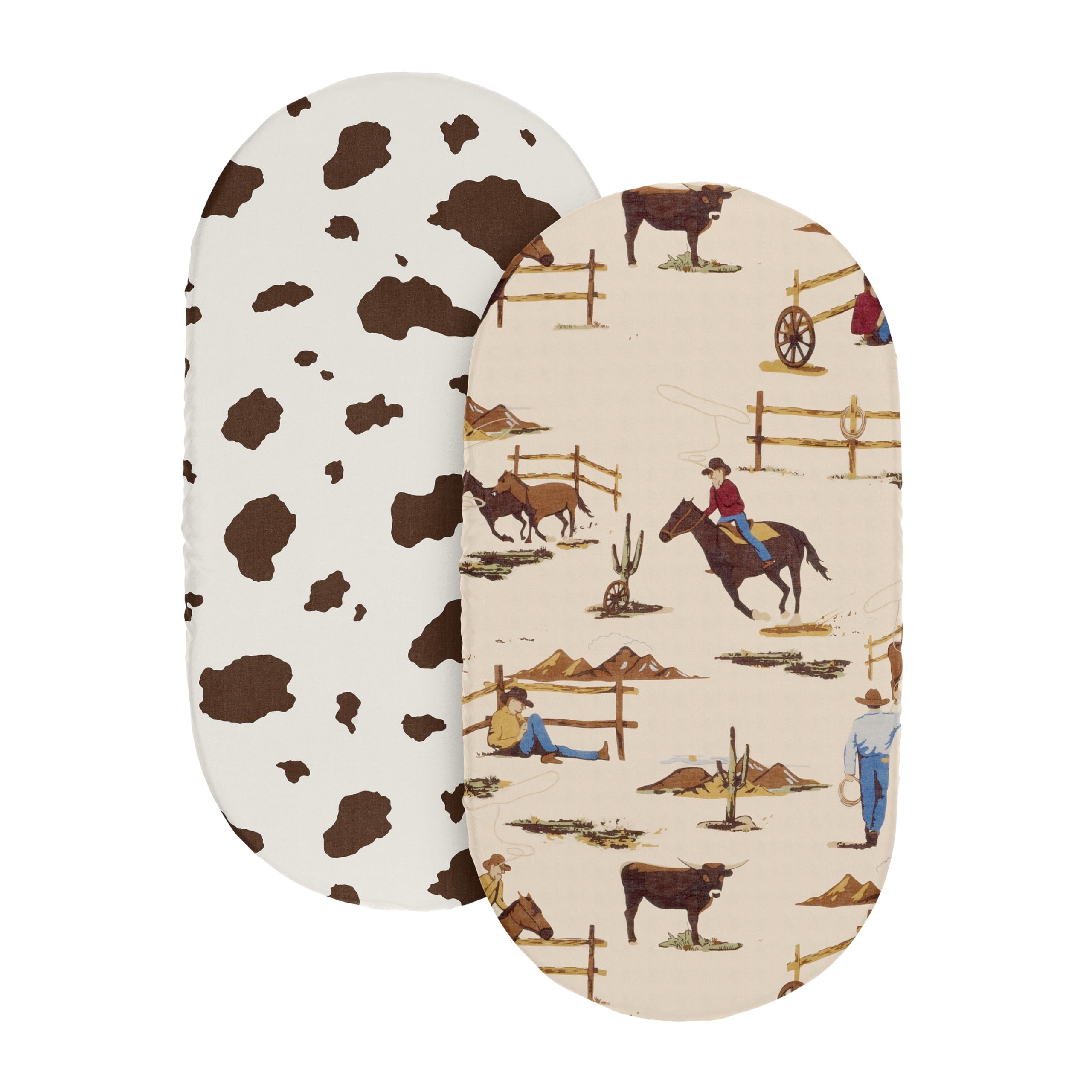 Sweet Jojo Designs cow print bassinet sheet on bed demonstrating snug fit and elastic edges