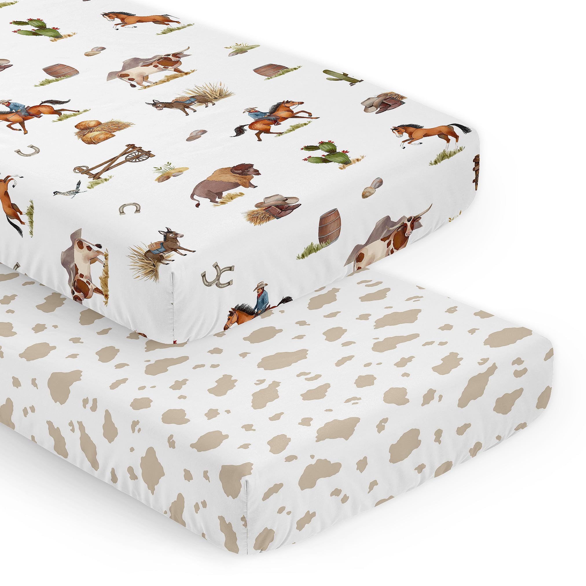 Sweet Jojo Designs cow-print crib sheet; snug fit for standard cribs.