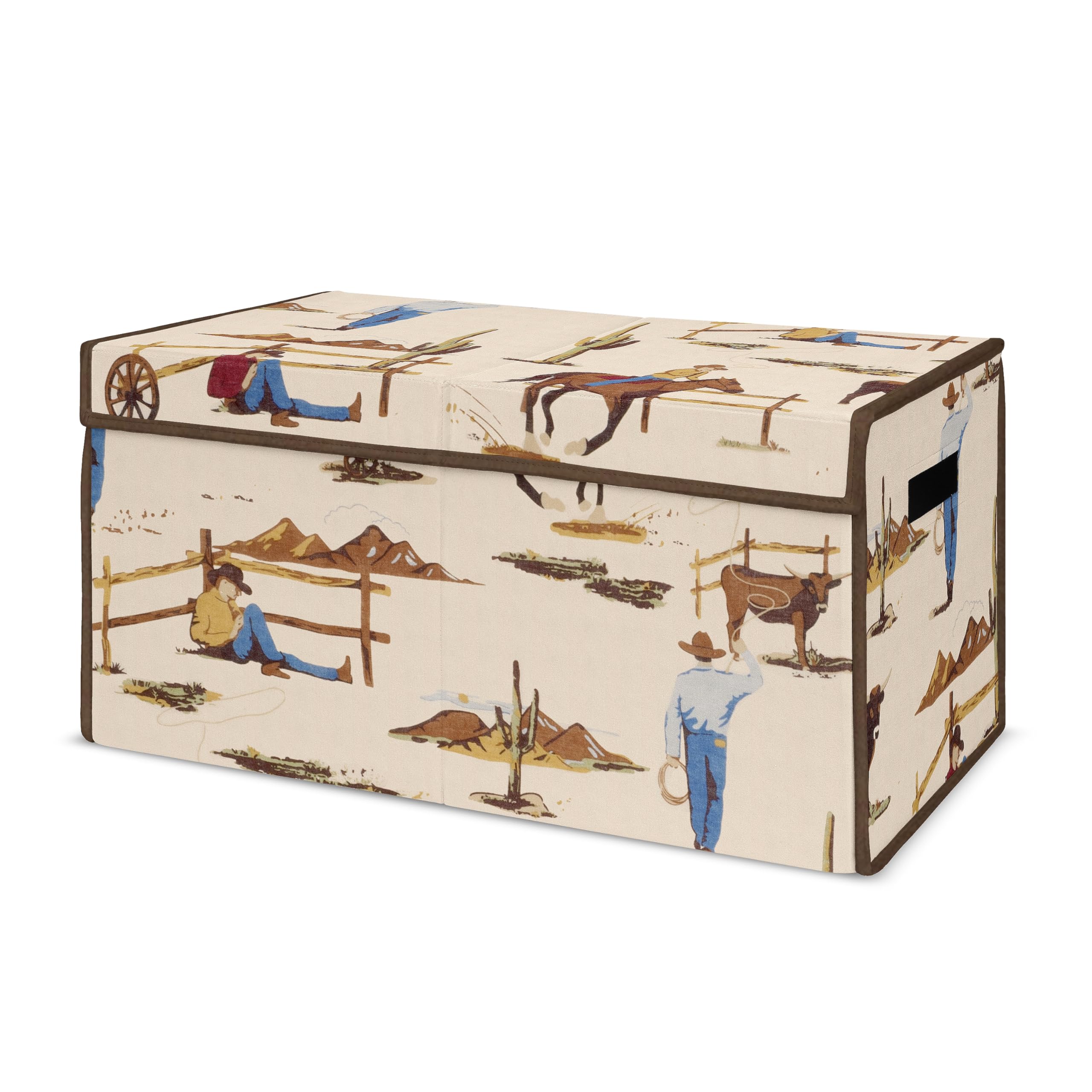 Sweet Jojo Designs Cowboy Wild West toy bin front view keeps toys organized.
